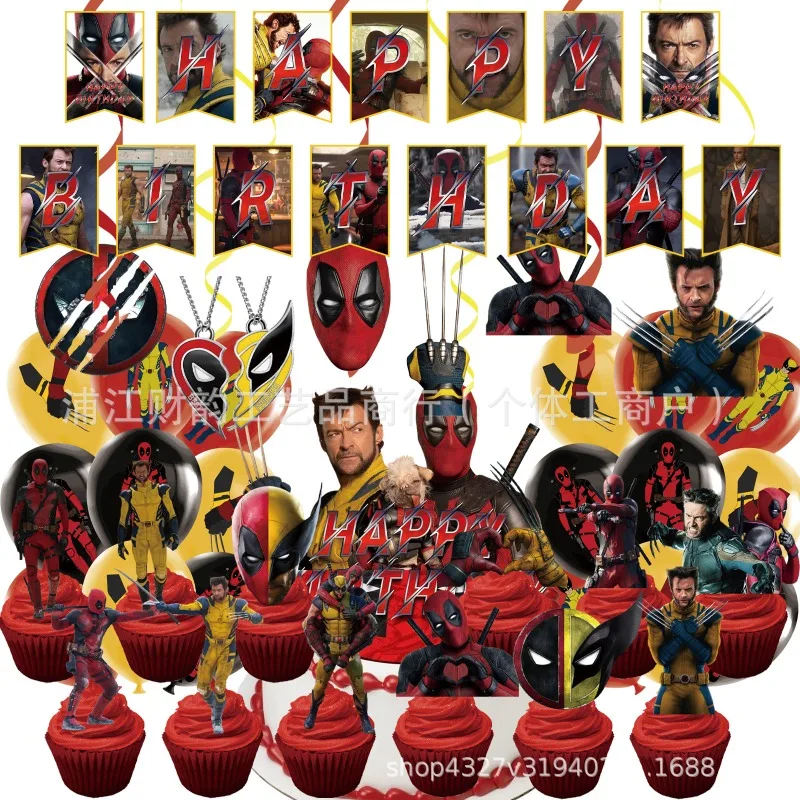 Deadpool and Wolverine Cake Decoration Cartoon Cupcake Top Happy Birthday for Kids Birthday Party Cake Dessert Decorations