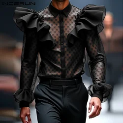 Fashion Men Tops INCERUN Lace Ruffle Edge Splicing Design Shirts Party Shows Male Solid All-match Long Sleeved Blouse S-5XL 2024