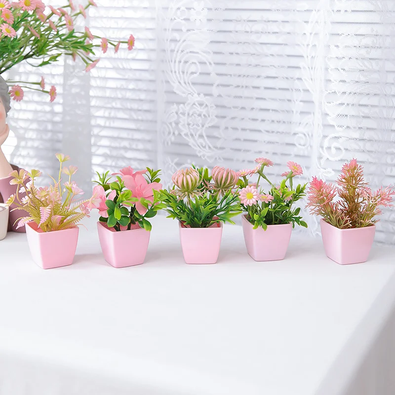 1SET Pink Plant Bonsai Small Pottery Simulation Hydrangea Rose Indoor Home Office Desktop Decoration Decoration