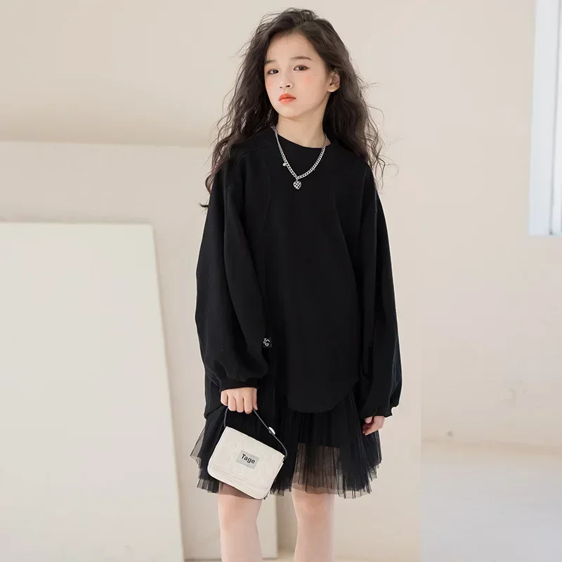 Girls Black Irregular Sweatshirt Sleeveless Tulle Hem Dress 2pc Set Casual Spring Fall Daily Birthday Party Kids Princess Outfit