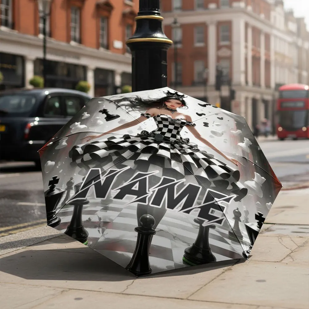 Custom Name Umbrella Dark Anime Chess Queen With Floating Chess Pieces Print Compact Folding Travel Parasol Fantasy Art Present