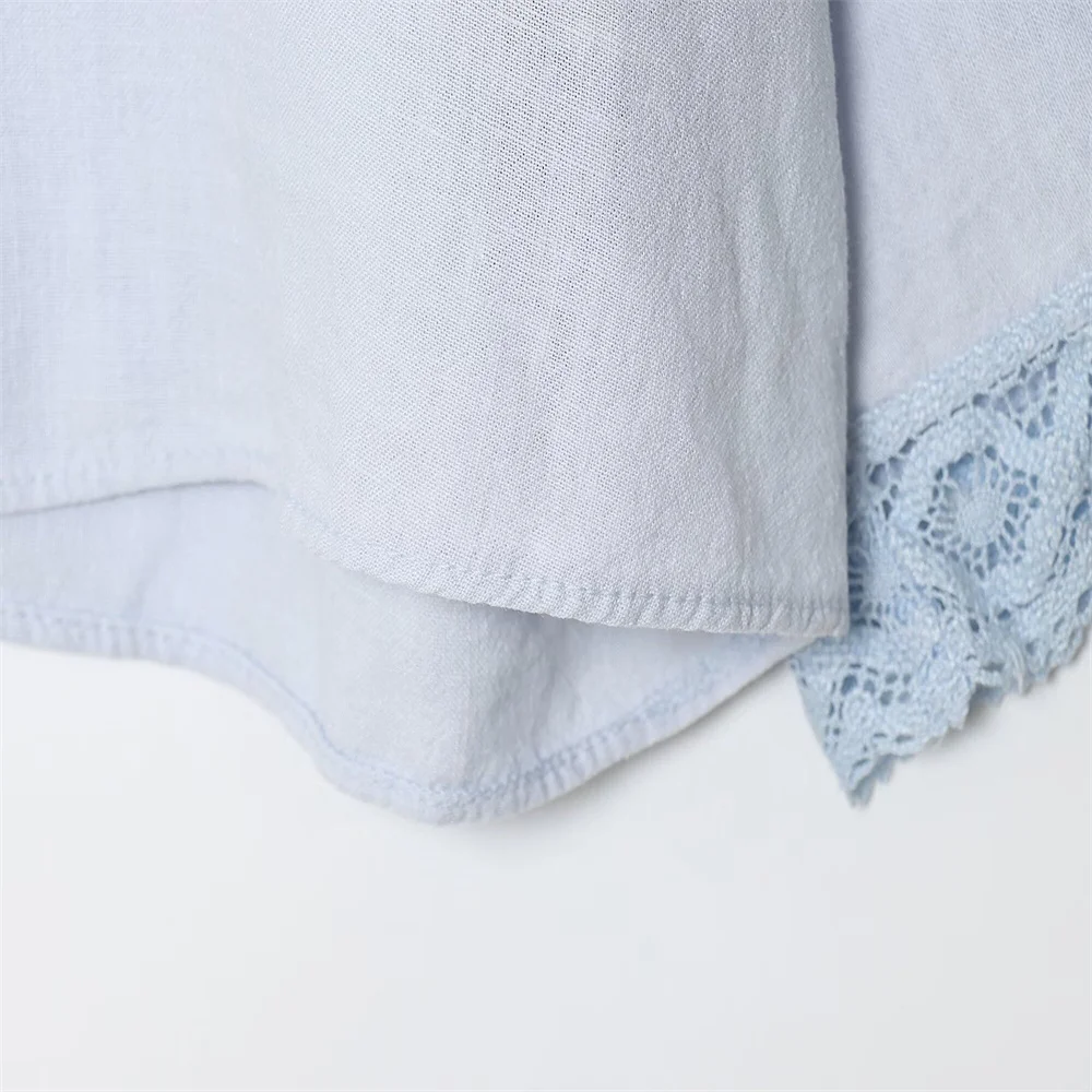 Damska jednokolorowa koronkowa krótka koszula z dekoltem w szpic i długimi rękawami, jednorzędowa, jesienna, nowa, modna koszula na co dzień