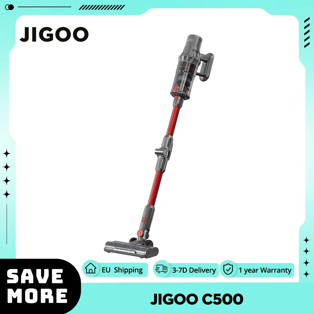 JIGOO C500 Cordless Vacuum Cleaner, 33KPa Suction 500W Motor 60 Mins Runtime 8x2200mAh Removable Batteries Rotatable Metal Tube