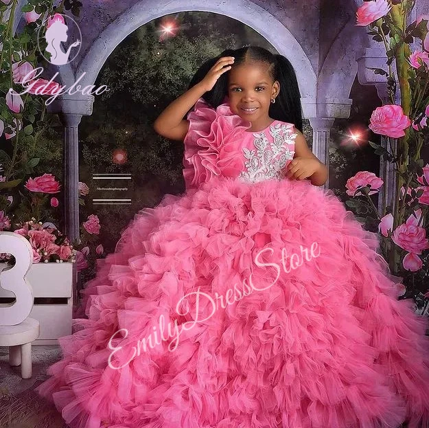 Vestido de niña de flores rojas vino para boda, tul en capas, vestido de princesa hinchado sin mangas, vestido de primera comunión de cumpleaños para bebé