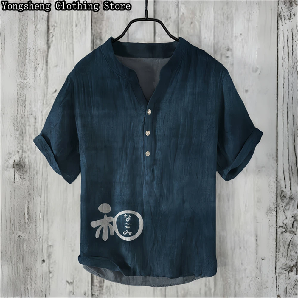 Summer men\'s POLO shirt short-sleeved linen printed shirt Chinese style 2024 new casual vacation large size clothing S-5XL