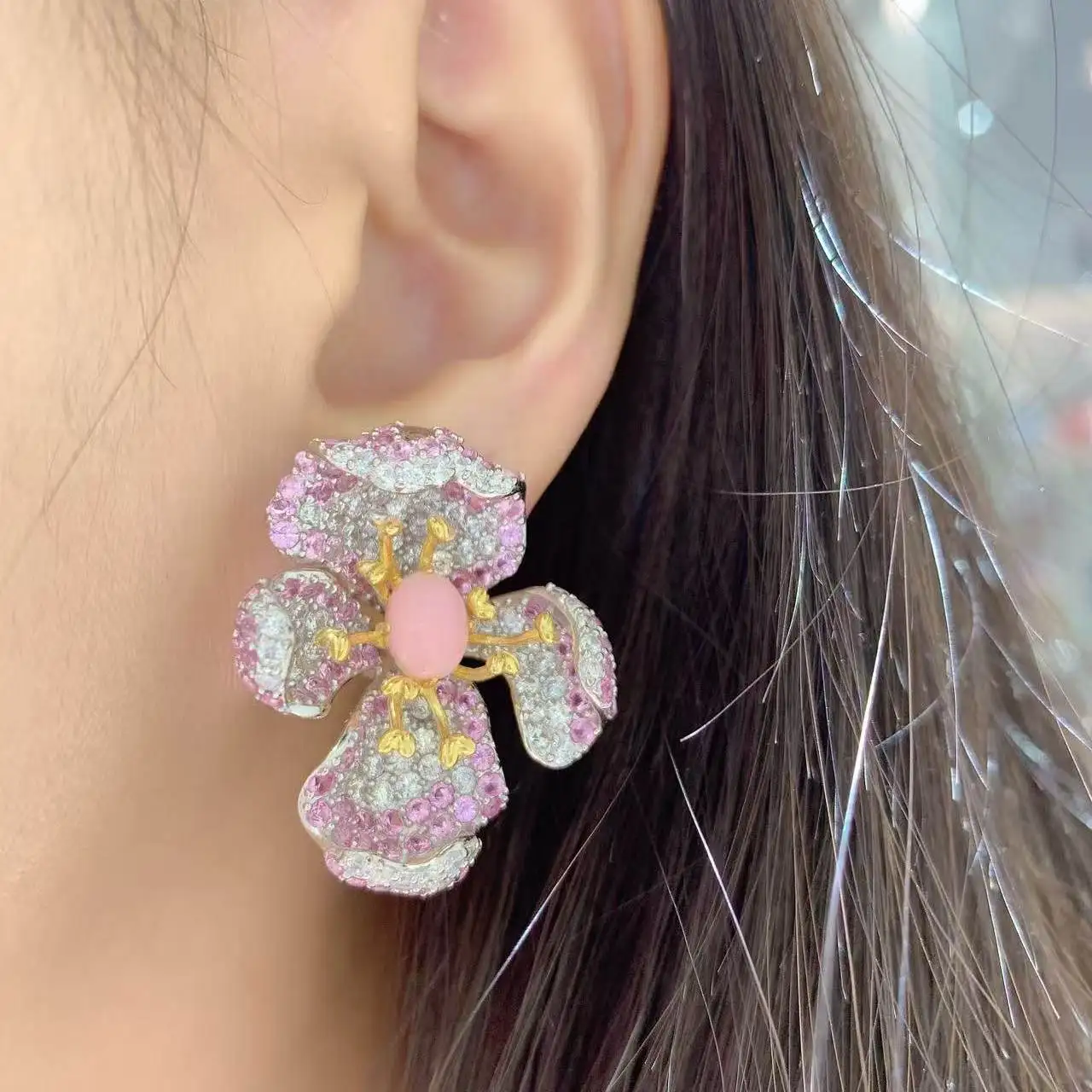 

cute romantic pink flower stud earring 925 sterling silver with cubic zircon fine women jewerly
