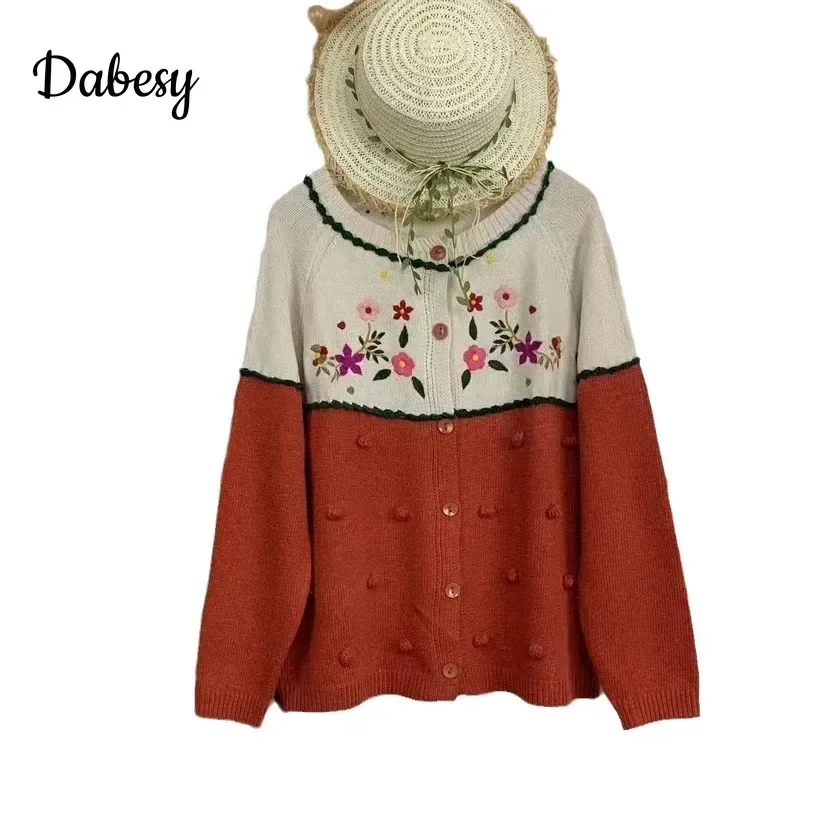 Autumn Vintage Color Contrast Patchwork Knitted Cardigan Women Japanese Mori Girl Embroidery Single-breasted Loose Sweater Coat