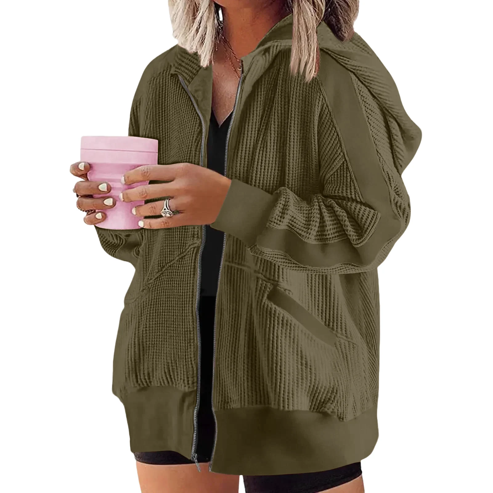 

Winter Women'S Comfortable And Breathable Solid Color Waffle Zipper Hoodie Hooded Mid Length Jacket Suitable For Casual Wear