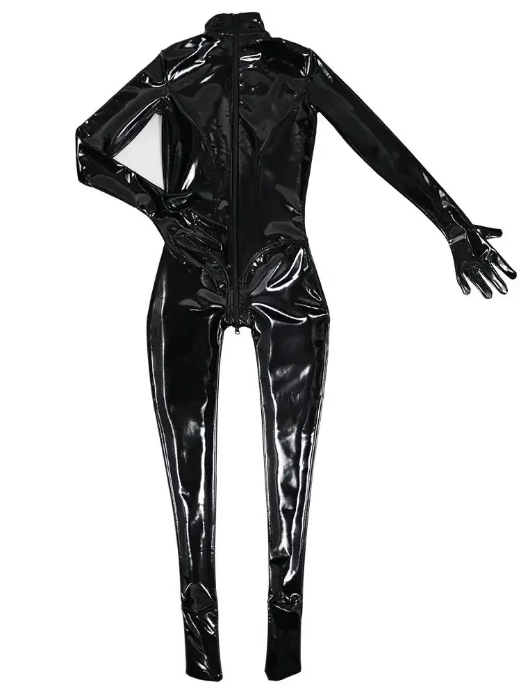 مثير المرأة بولي PU لامعة ارتداءها فو الجلود سستة مفتوحة المنشعب ارتداءها نظرة الرطب البلاستيكية فنجر خادمة الجوارب مثير يوتار بذلة #5