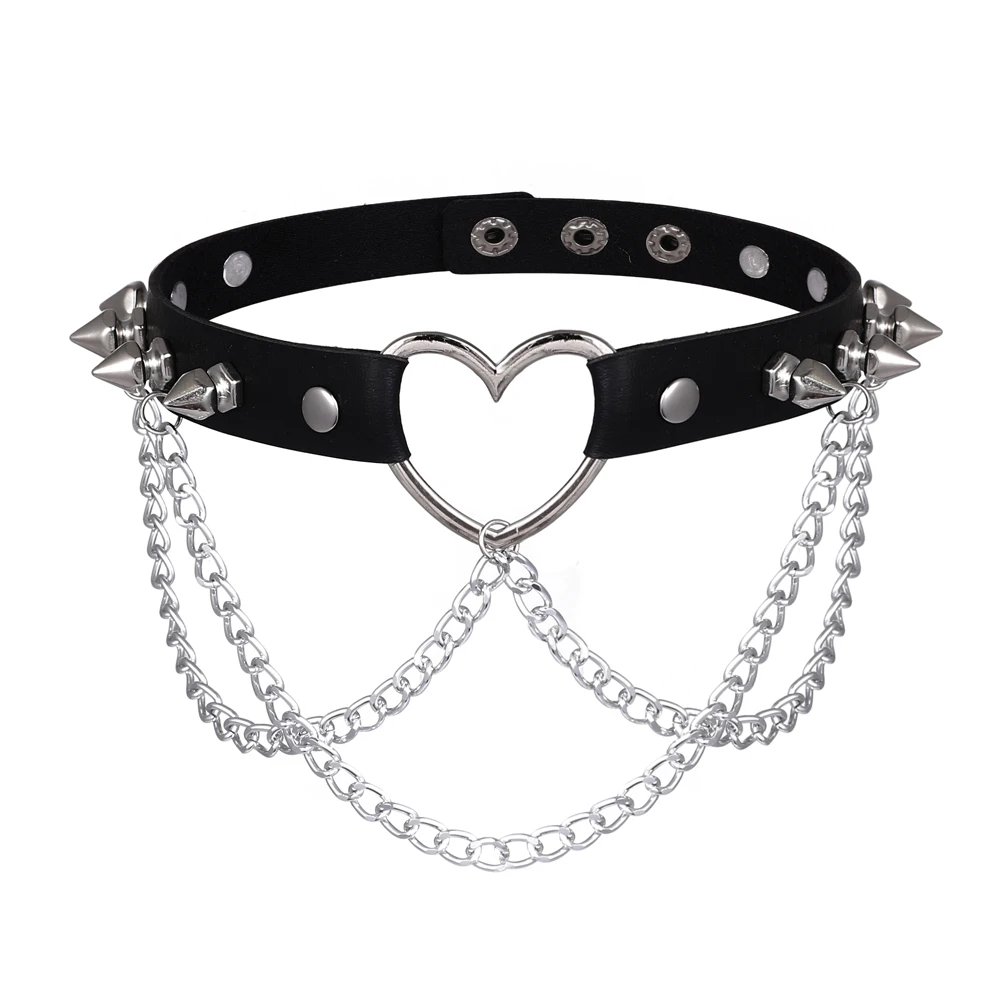 Punk Spiked Choker Necklace For Women Girls Goth Heart Chocker With Chain Leather Collar Jewelry Gothic  Accessories