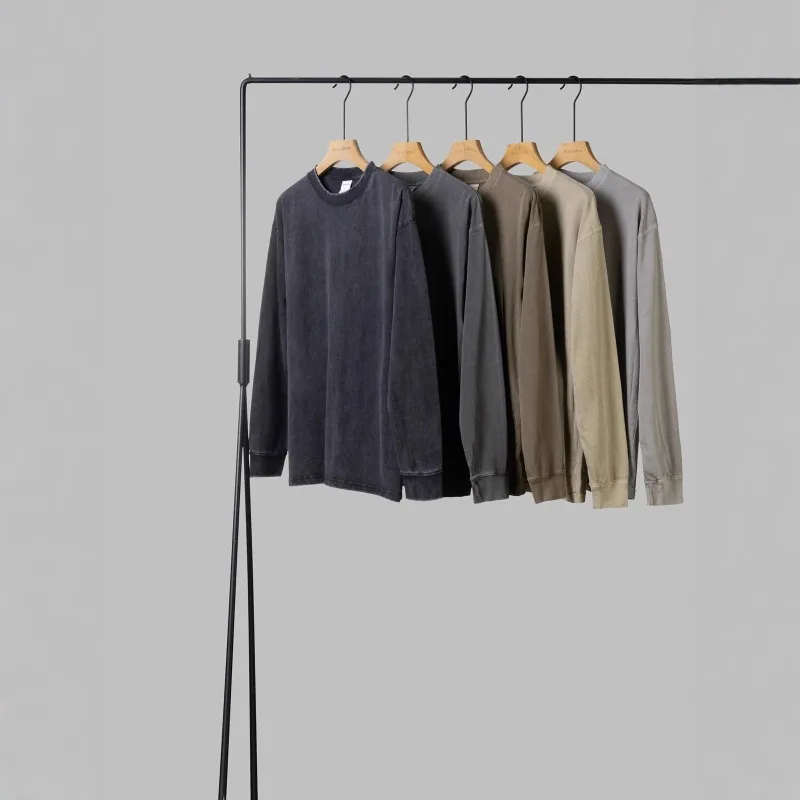 

Тяжелые мужские топы с длинными рукавами, 280 г, рубашки из чистого хлопка, американская потертая футболка с длинными рукавами в стиле ретро