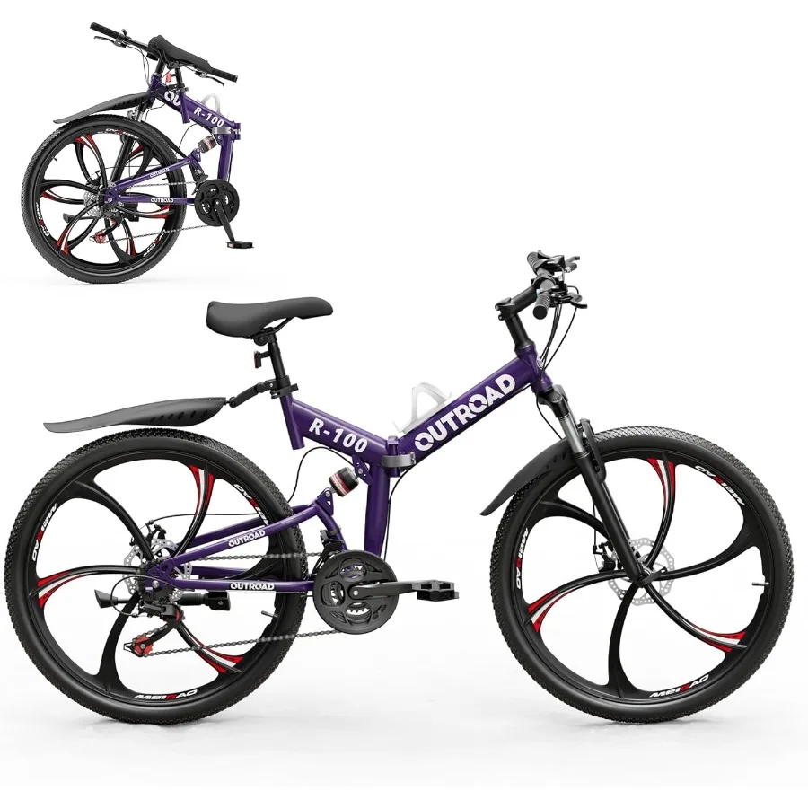 

26 Inch Folding Mountain Bike with 21 Speeds and Full Suspension for Adults Featuring Dual Disc Brakes High Carbon Steel Frame
