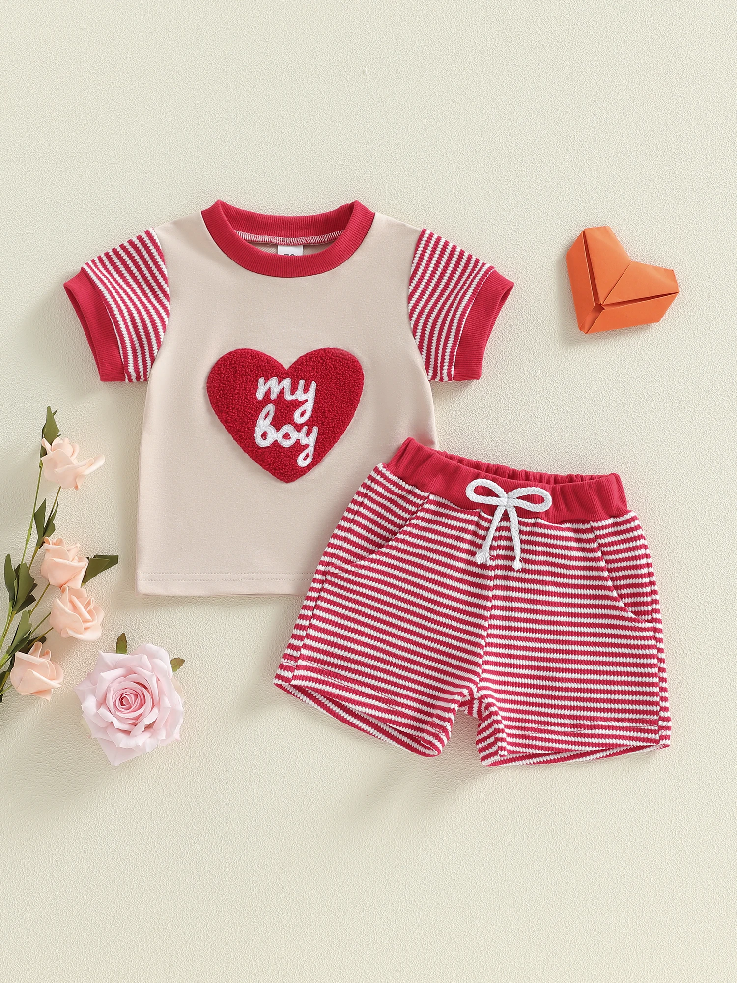 رائعتين طفل بنين عيد الحب الملابس القلب طباعة طاقم الرقبة المحملة مرونة الخصر السراويل 2 قطعة الزي مجموعة للأطفال #3