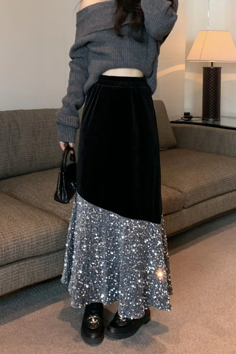 

2024 Autumn Winter Sequin Patchwork Skirt for Women High Waist Slimming Mermaid Maxi Skirt Elegant Stretchy Skirt for Ladies