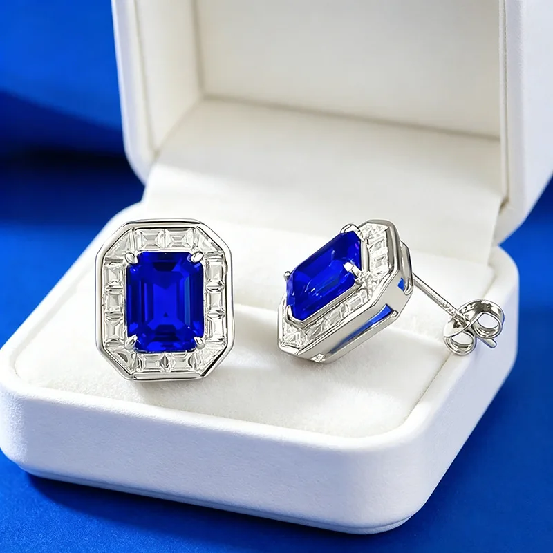 Luxury white gold solid platinum PT950 rectangular 7*9mm Ascher blue little demon cultivation earrings for women's daily