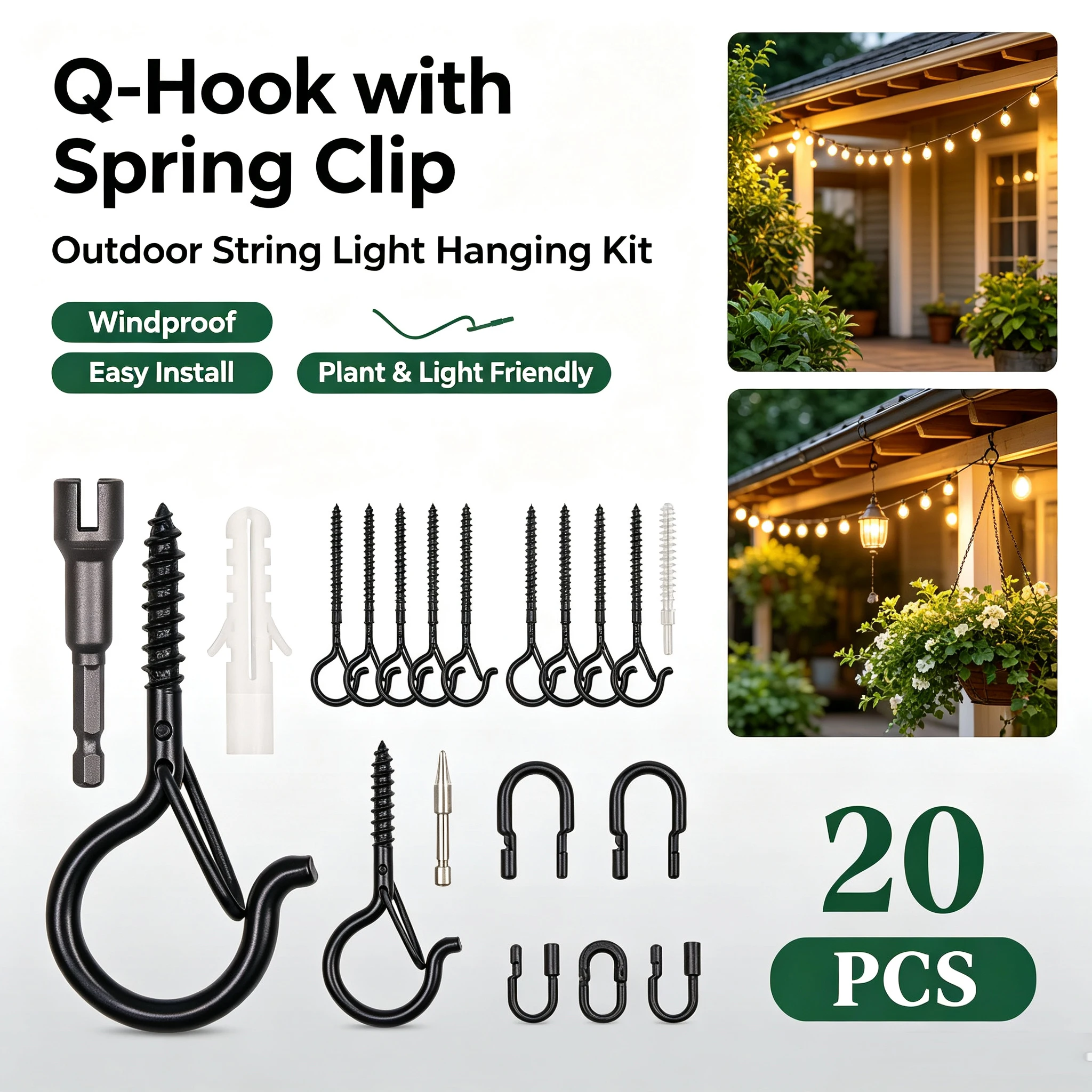 10/20pcs Q-type Safety Buckle with Spring Hook for Plant Lights Hanging Outdoor String Lights LED Strip Windproof Screw Hook