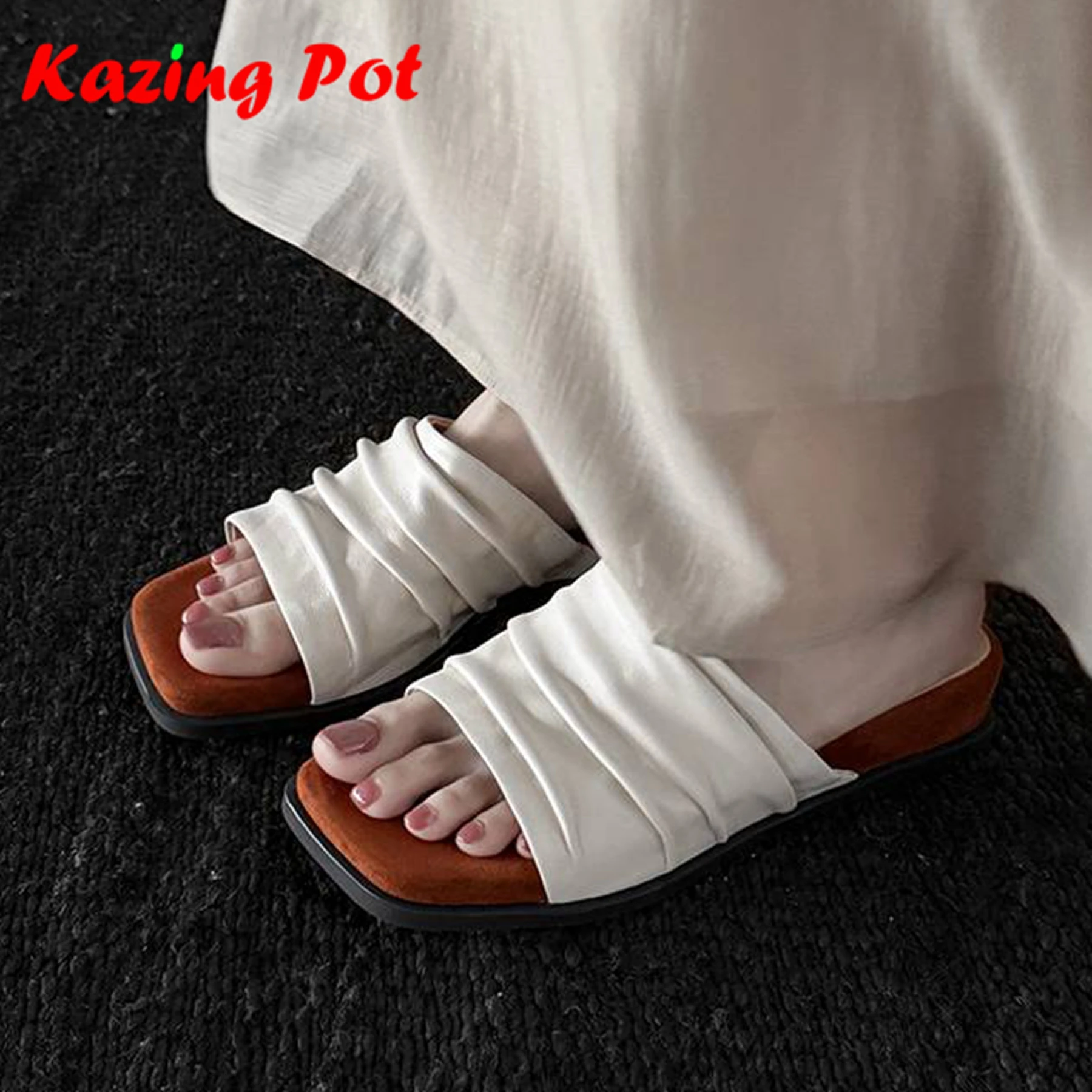 Krazing Pot Sheepskin Med Heels Elegant Casual Mules Platform Summer Sandals Solid Color Pleated Decorations Outside Slippers
