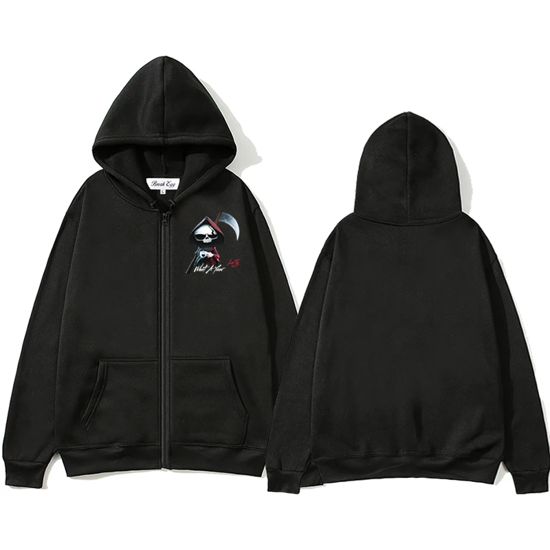 

Death Drink Coffee Cute Print Men Women Zipper Hoodie Cool Cute Polyester Pocket Loose Thin Autumn Sweater