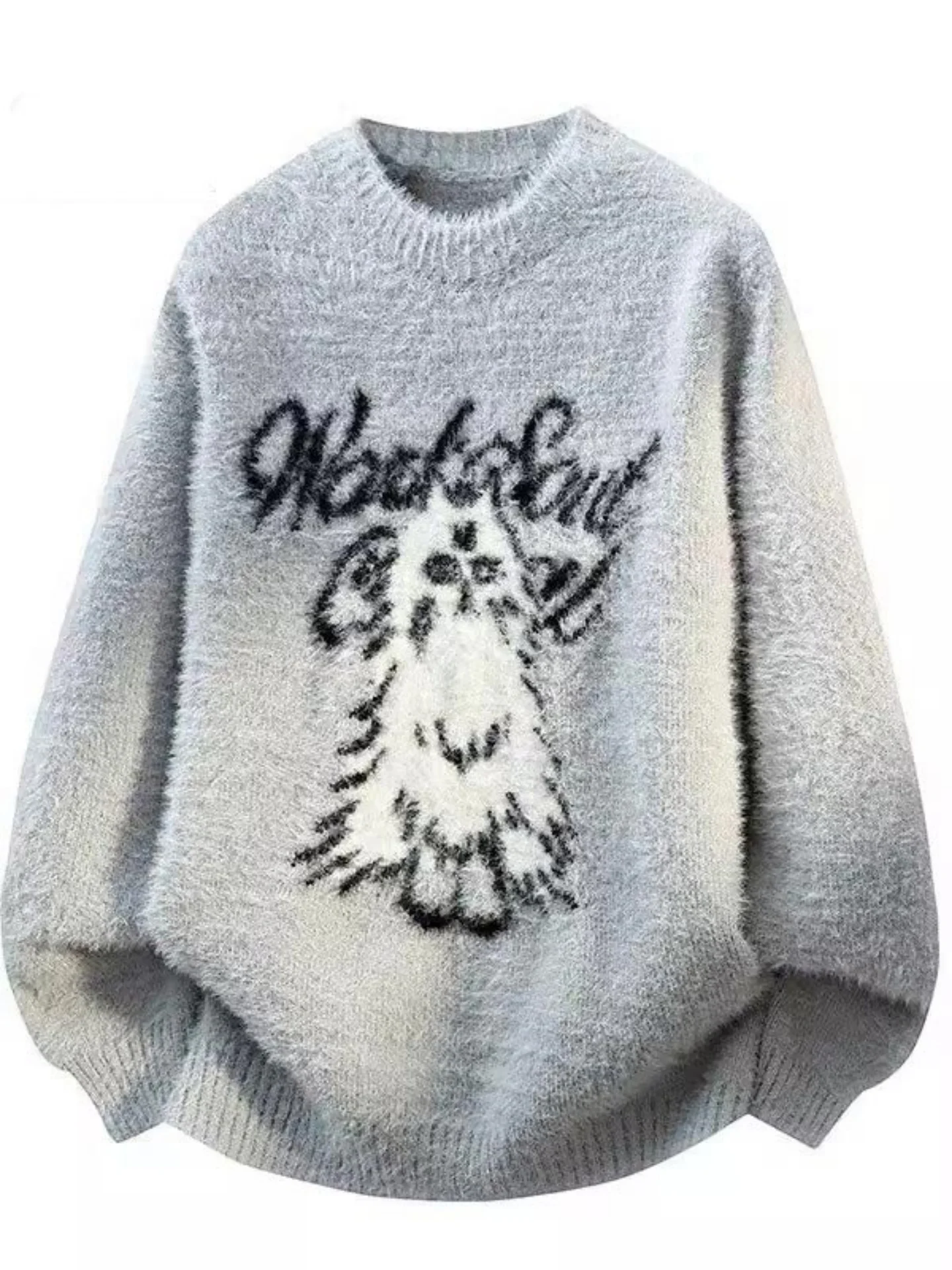 

Мужской свитер с круглым вырезом, мягкий, пушистый, с мультяшной вышивкой, повседневный, свободного кроя, на все сезоны, удобный, модный