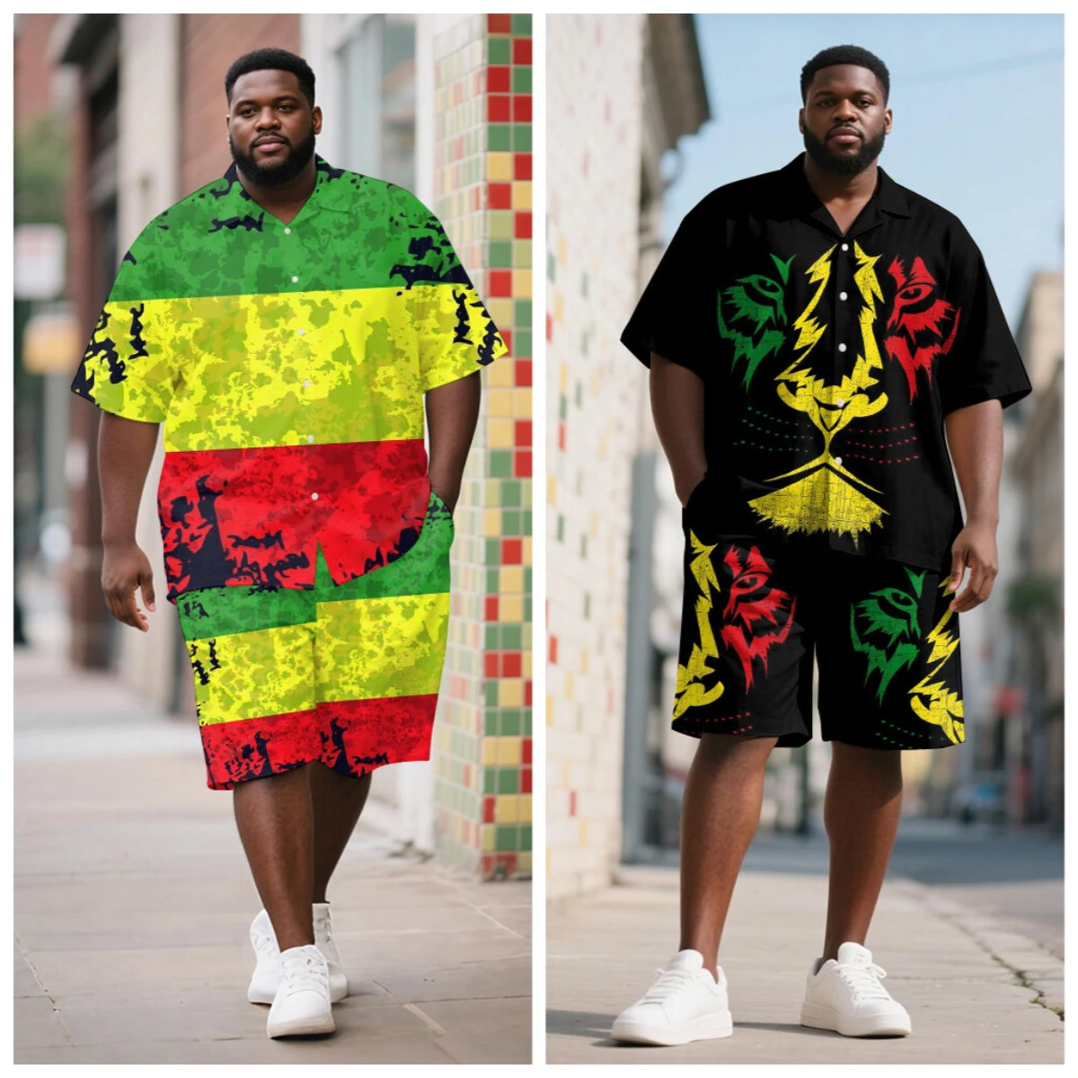 

S-9XL Big and Tall Men Juneteenth Rasta Print Oversized Shirt Shorts Set Multi-Design Casual 2-Piece Outfit
