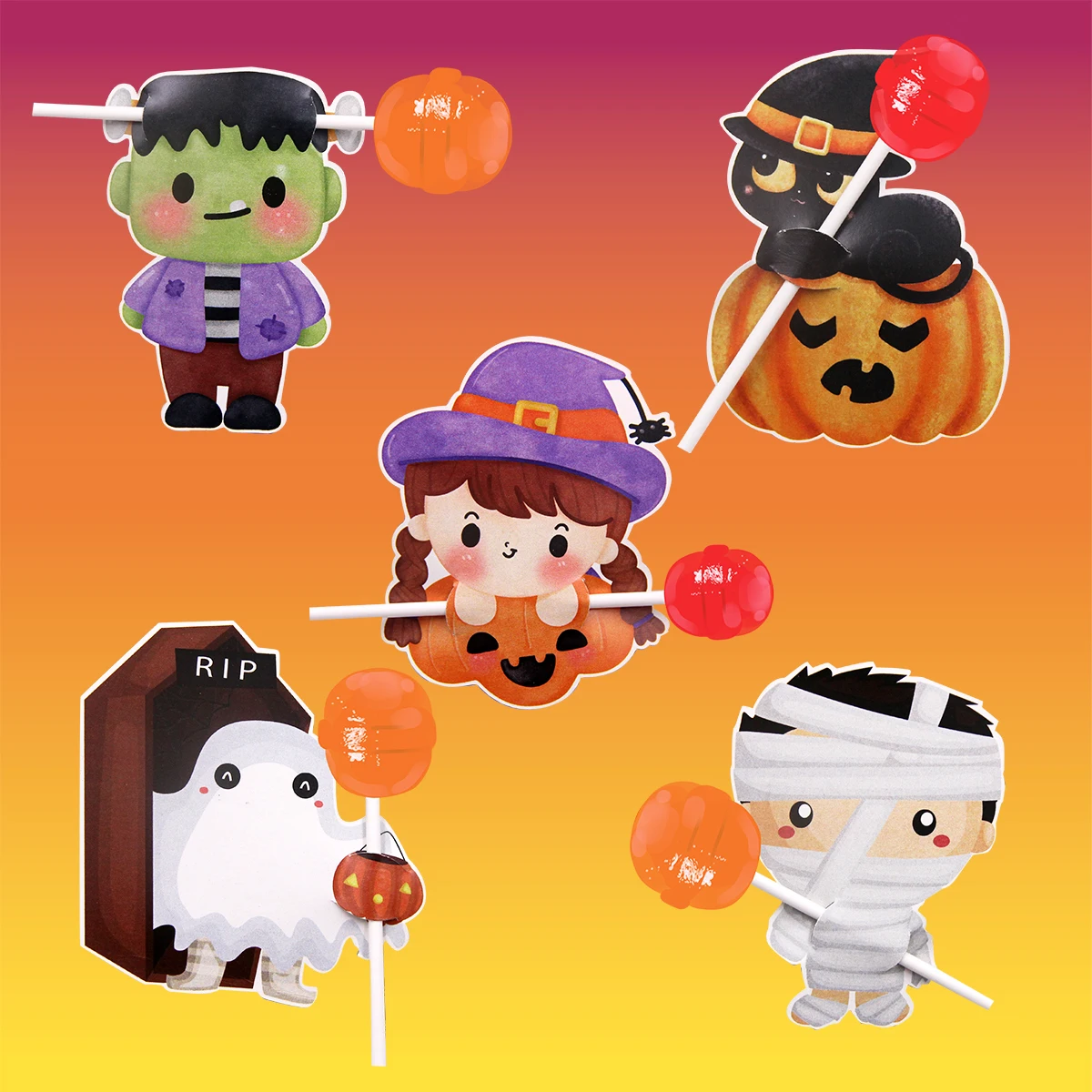 40pcs Carton Cat Ghost Lollipop Cards Halloween Candy Holders For Kids Trick or Treat Party Candy Packagings Decoration Supply