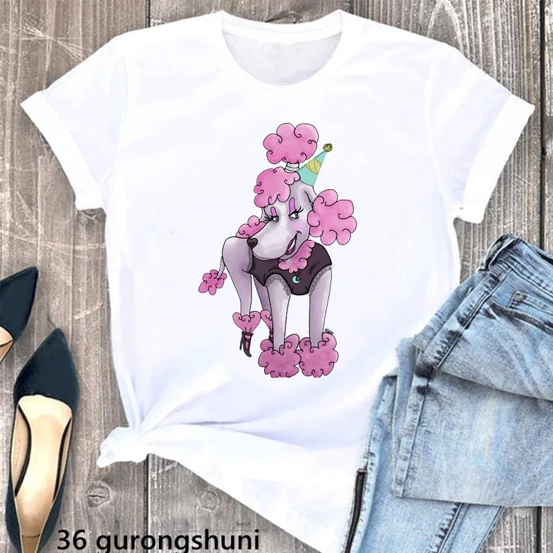 Cute Pink Poodle Animal Print White T Shirt Women Dog Mom Lover Shirt Mothers Day Gift Summer 2024 Woman Clothes Custom Tshirt
