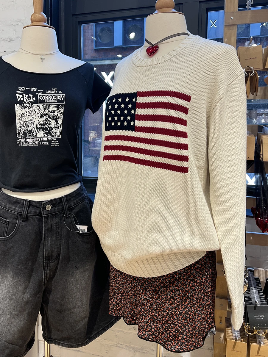 

Жаккардовый пуловер с флагом и графическим рисунком, женский джемпер с круглым вырезом и длинными рукавами, осенние новые американские винтажные вязаные топы в консервативном стиле