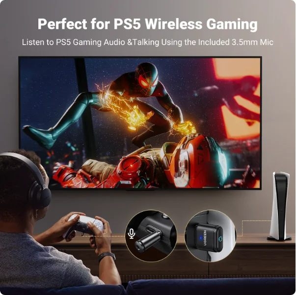 UGREEN Trasmettitore USB Bluetooth 5.3 Adattatore audio AptX HD AD per PS5 PS4 Switch Auricolare Altoparlante Microfono Ricevitore Bluetooth