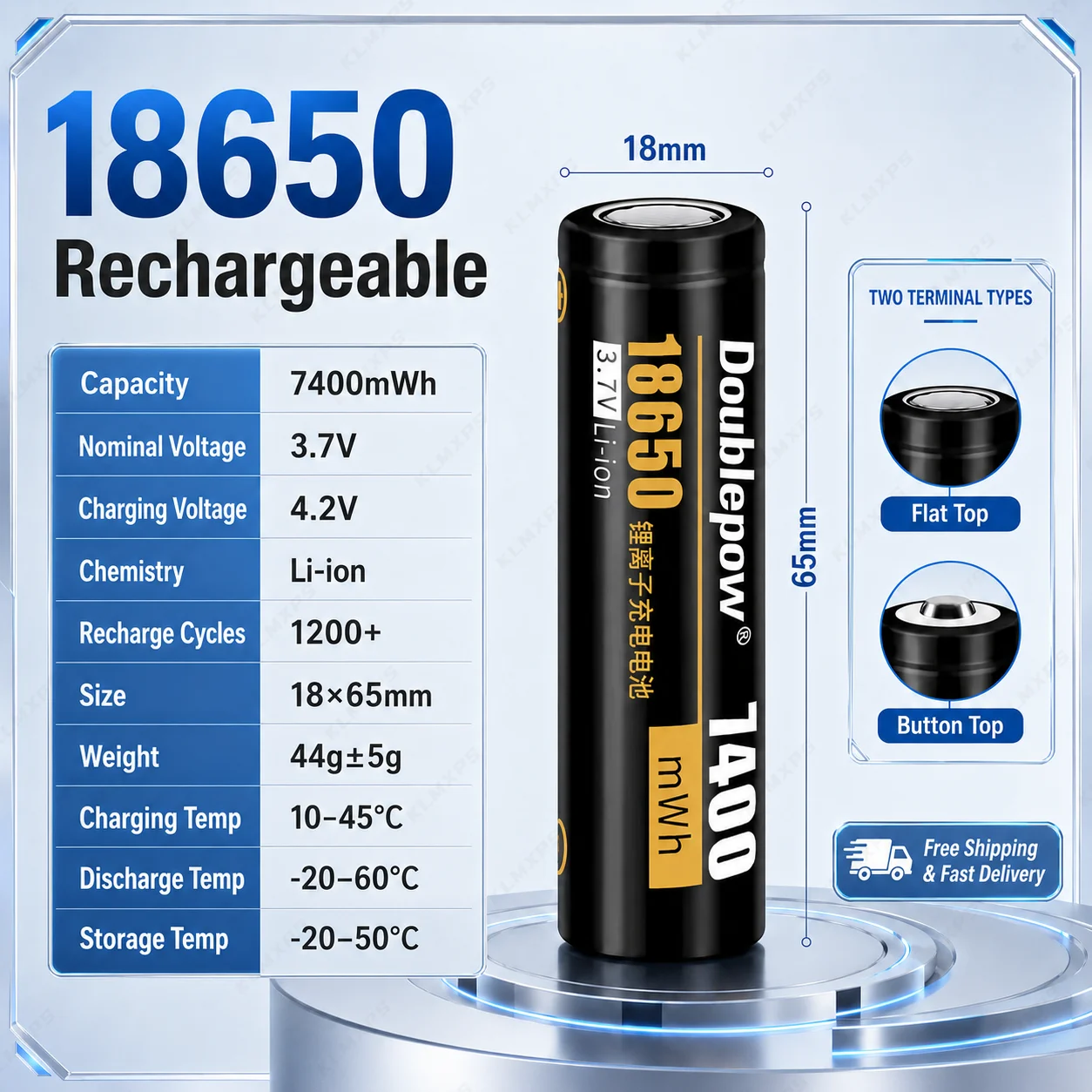 

Rechargeable Lithium Ion Battery 3.7V 7400mWh 18650 High Capacity Replacement Cell For Flashlight Torch