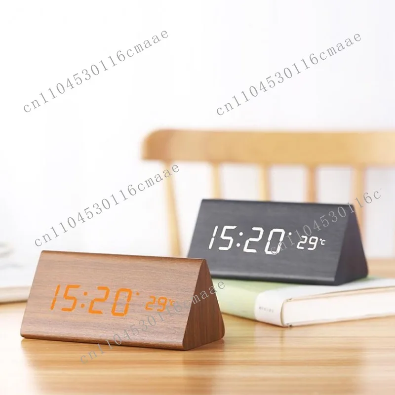 Wooden electronic alarm clock, desk clock, LED lamp bead, digital voice-activated clock, silent bedroom