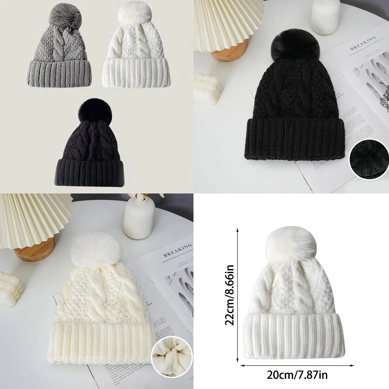 

1 шт., новая зимняя вязаная шапка для женщин, толстая плюшевая шапка с меховым помпоном, однотонная женская теплая лыжная шапка с черепами, зимние шапки
