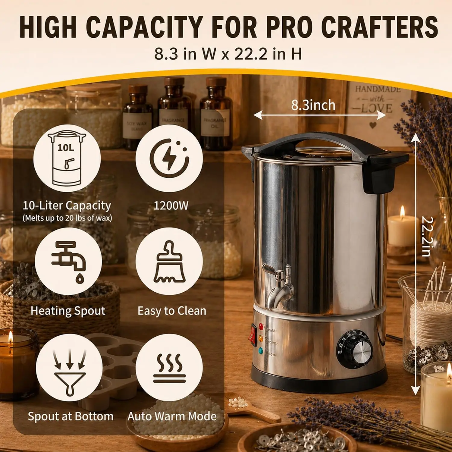 10L Wax Melter for Candle Making, Electric Wax Melting Pot | 20 lbs,candle wax melter with temp control,heated pour spout, for soy makers,DIY crafters,soap makers and small businesses