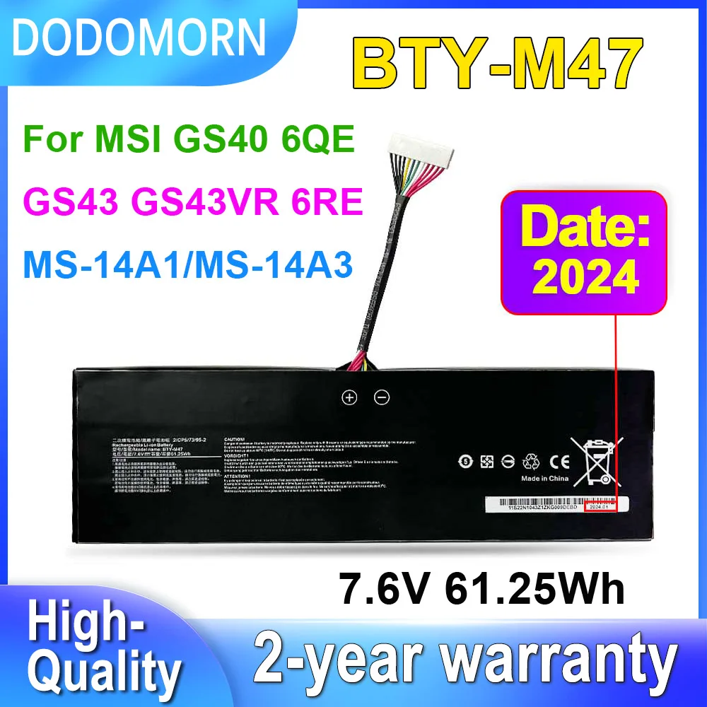 DODOMORN BTY-M47 Laptop Battery For MSI GS40 GS43 GS43VR 6QE-006XCN 6QE-009XTH, MS-14A1 MS-14A3 7.6V 61.25Wh Rechargeable