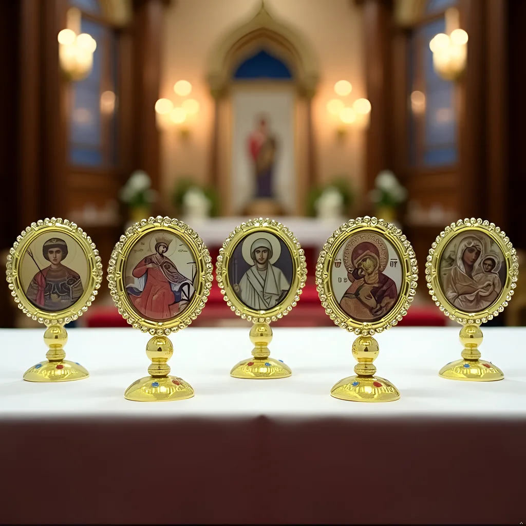 

HTISOK East Orthodox Icon Zinc Alloy Rhinestone Gold Plating Virgin Mary Saints Glue Base Car Dashboard Home Tabletop Decor