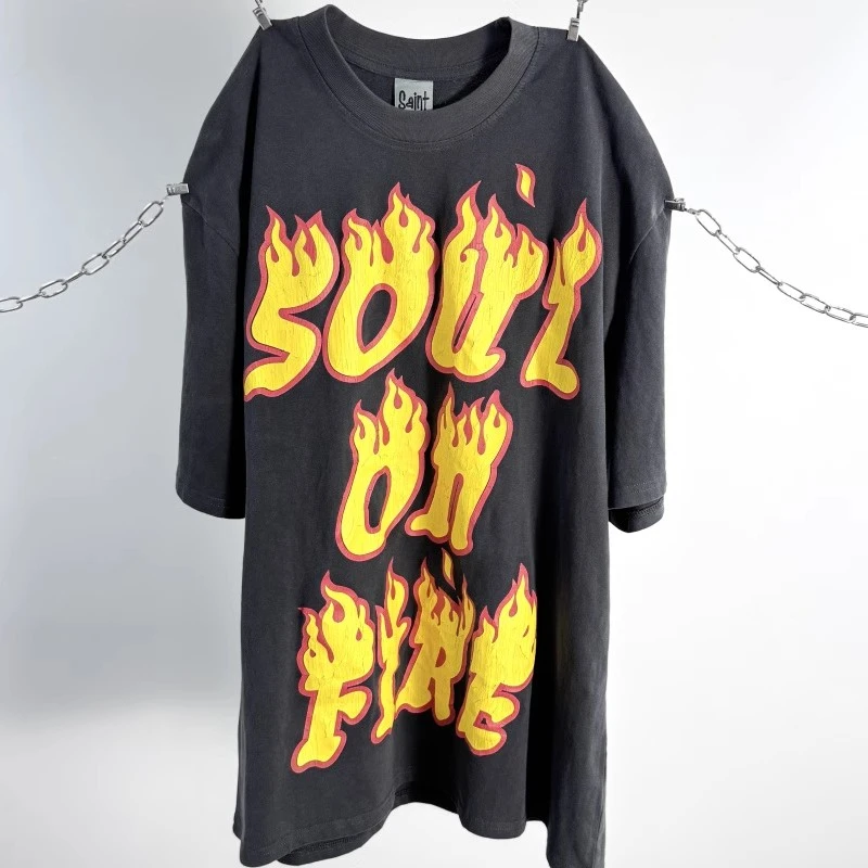 

2025SS Soul on Fire SAINT T-shirt Men Women Best Quality Oversized Washed Top Tees unisex