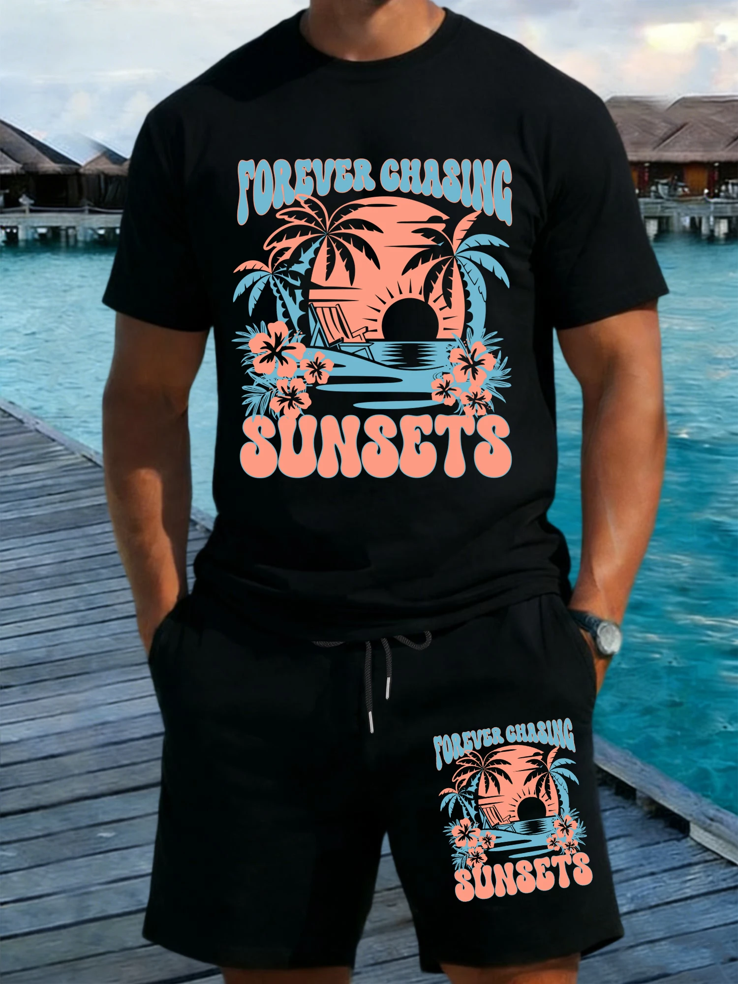 

Forever Chasing Sunsets Beach Coconut Tree Print Men T-Shirt Set O-Neck Cotton T Shirts Summer Wide-Leg Pant Drawstring Shorts