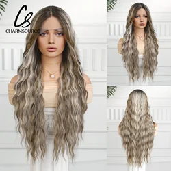 CharmSource Lace Front Wigs Brown Ombre Gray Synthetic Long Curly Wigs with Dark Root for Women Daily Cosplay High Density