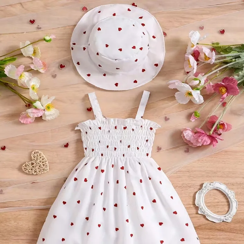 Newborn To 3-year-old Girl Summer Two-piece Heart-shaped Printed Sleeveless Dress Princess Hat