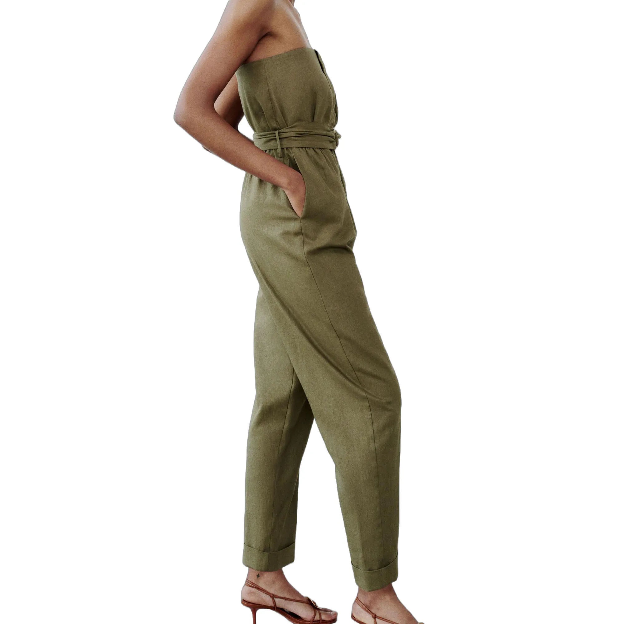 Women\'s Strapless Jumpsuit Linen Blend and Waist Belt Pleated Design Fashionable Commuting Temperament Versatile Pant New