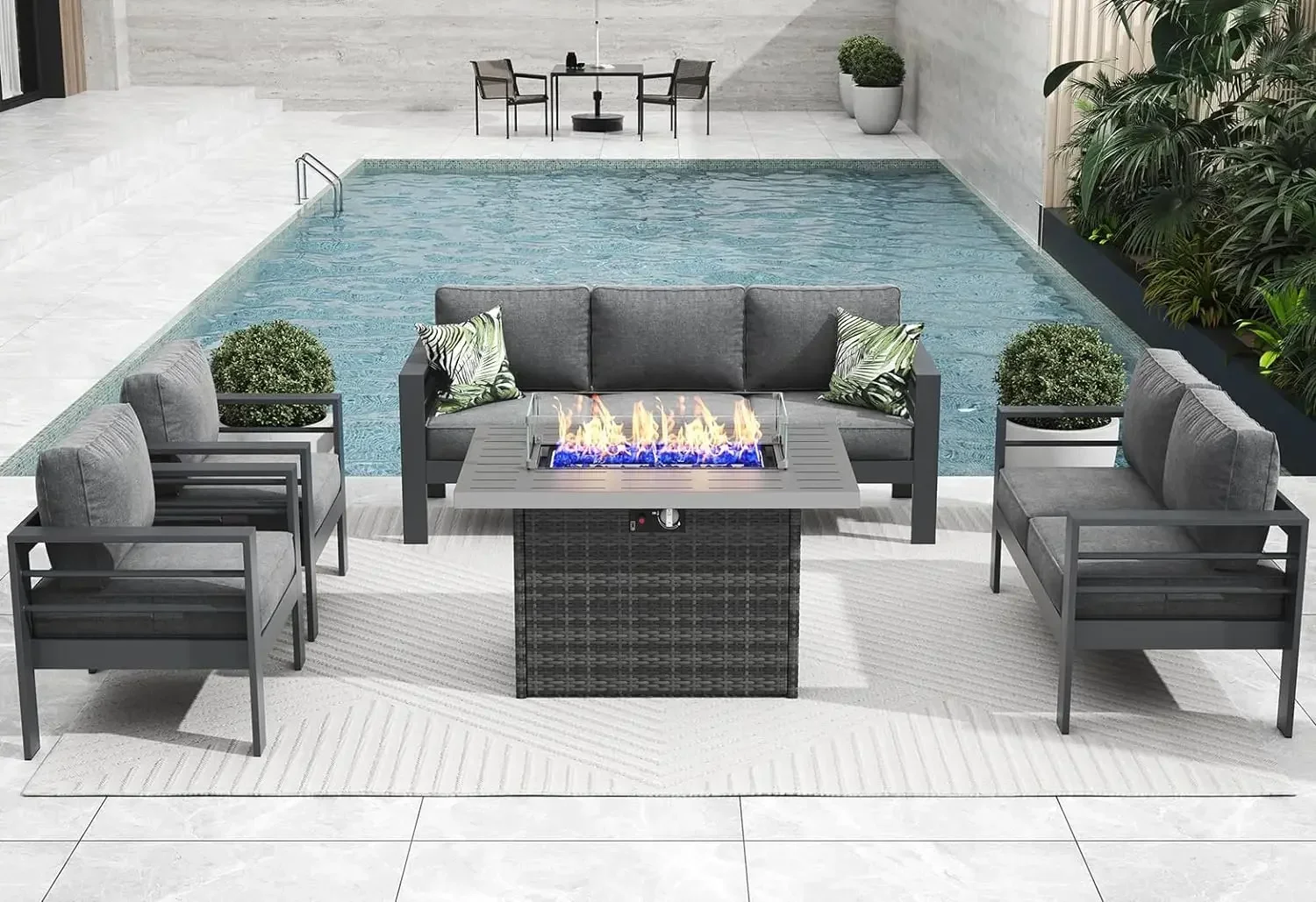 L5 Pieces Modern Aluminum Patio Furniture Set With Fire Pit Table, Outdoor Conversation Sets Metal Sectional Sofa