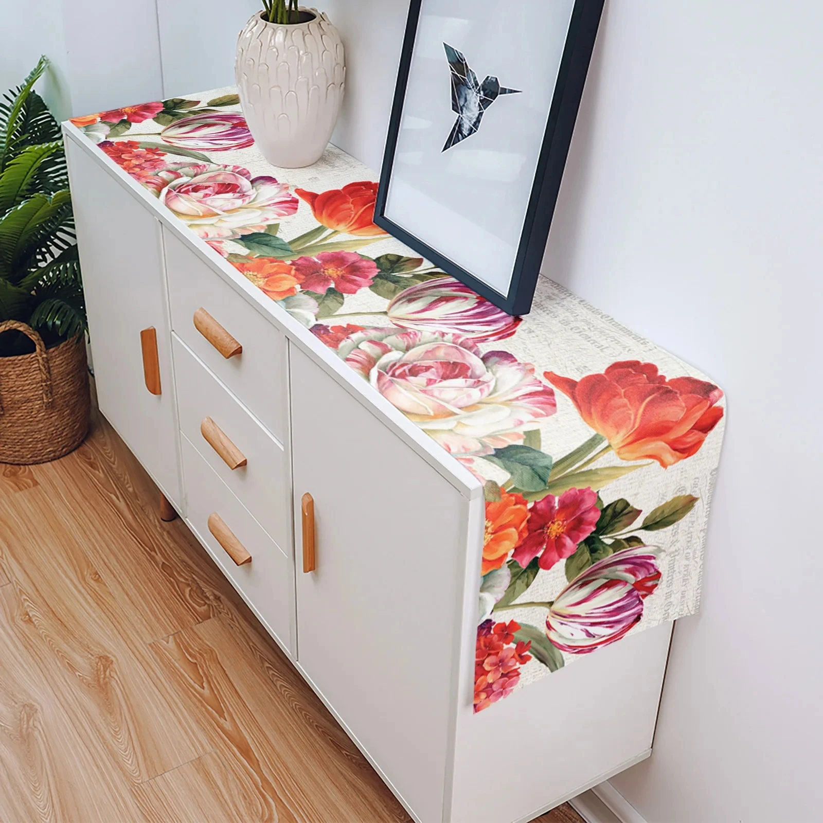 Vintage Flowers Tulips Oil Painting Linen Table Runner Farmhouse Holiday Wedding Party Decor Washable Kitchen Dining Table Decor