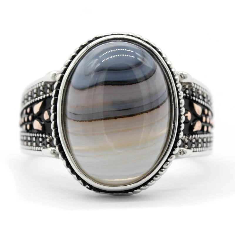 New Hot Men's Ring 925 Silver Oval Agate Vintage Men's Personality Jewelry Set Fashion Couple Ring Woman For Ring