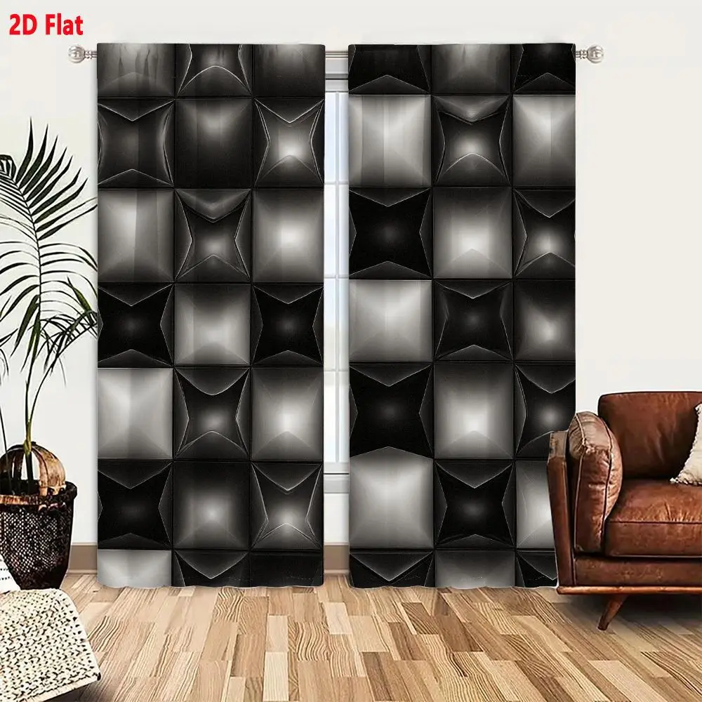 2Pcs Curtains 2D Flat Monochromatic 3D Geometric Shapes Grid Pattern Square Diamond Checkered Tiled Metallic Reflective Textured