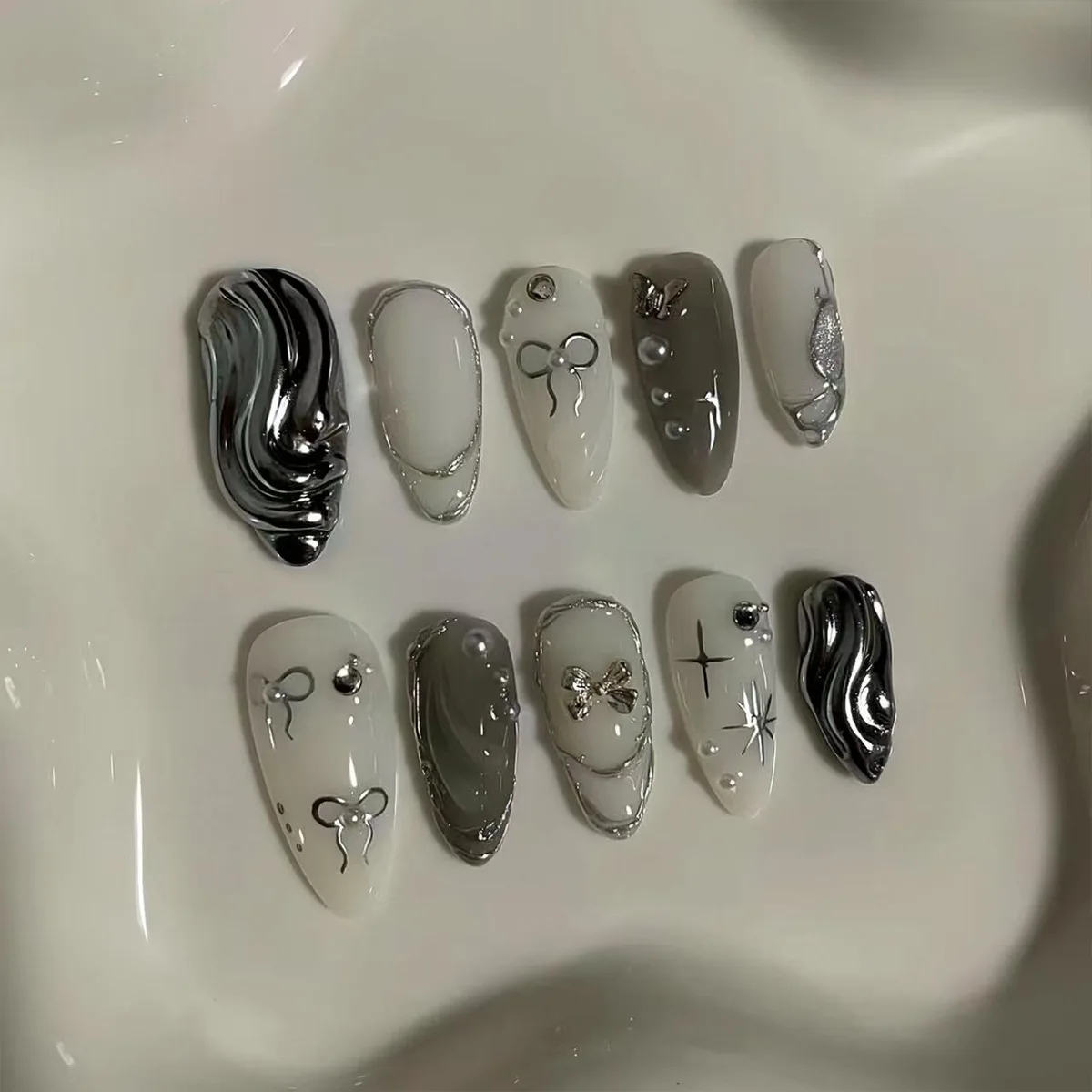 10pcs Black Almond Handmade False Nails Bow Rhinestone Stick on Nail Tips Pearl Starlight Press on Nails Sets Reusable Fake Nail