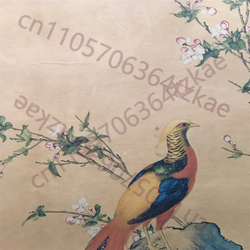China Old Scroll Painter's Rice Paper Wall Art Slice Lang Shining's Golden Rooster Picture Traditional Asian Decor