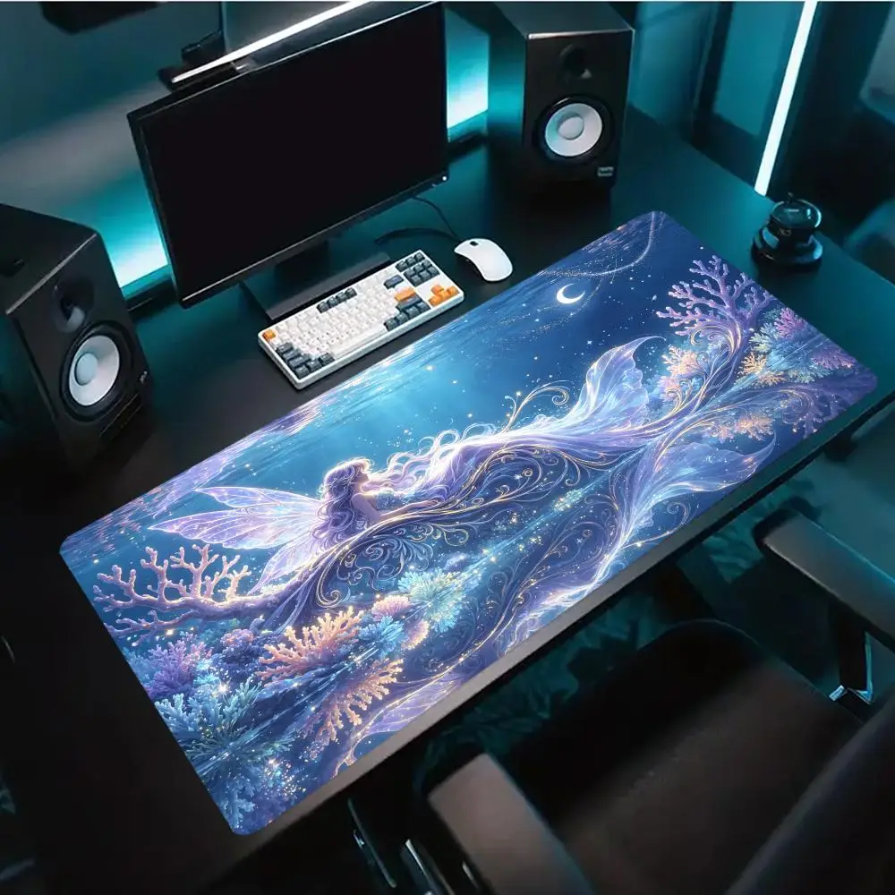 Magical Moonlight Fairy Art Print Gaming Mouse Pad Large Desk Mat Anti-Slip Rubber Base Stitched Edge Keyboard Mat For Office