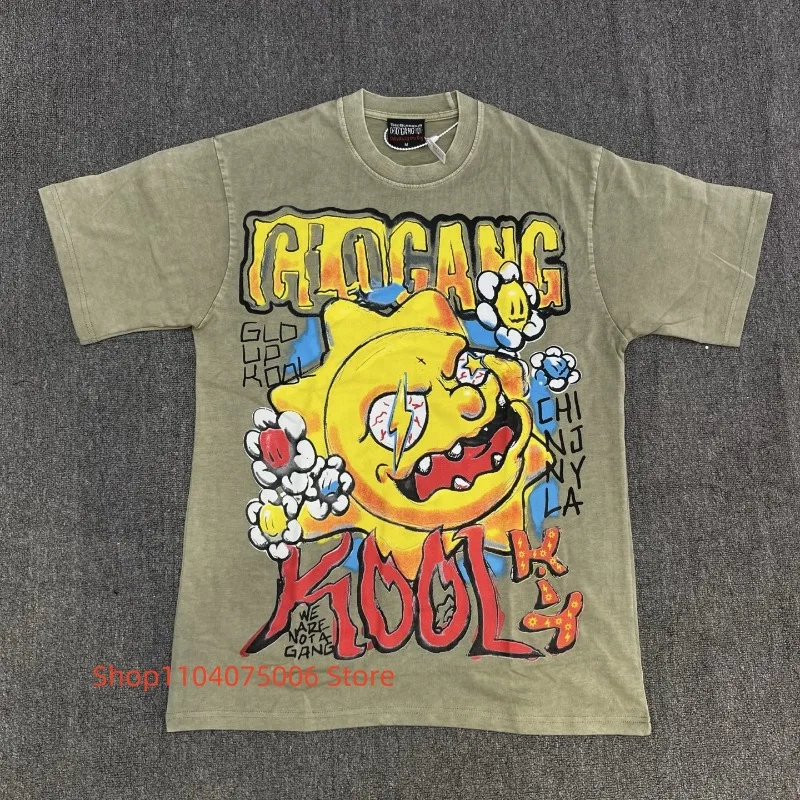 Retro Faded Khaki T-Shirt Men Glo Gang Street Graffiti Letter Melting Flame Oversized Cotton Tee