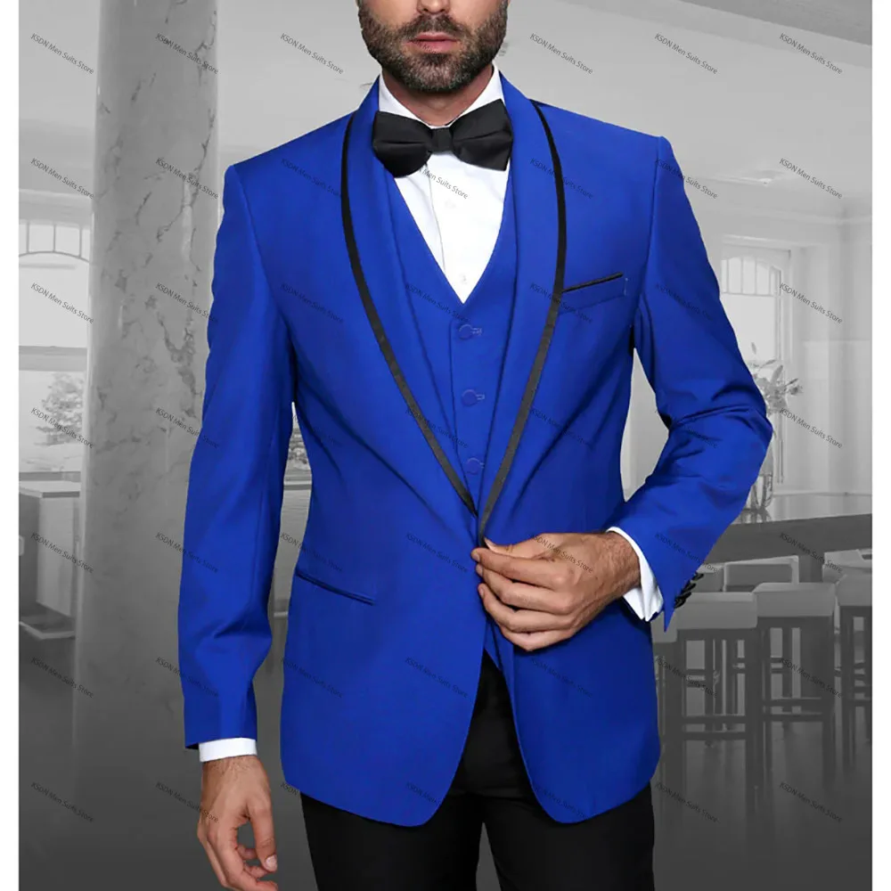 Elegant One Button Men Suits Shawl Lapel Slim Fit Flat Bespoke Male Clothing Tuxedo Custom Wedding 3 Piece Jacket Pants Vest Set