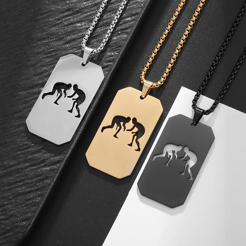 Stainless Steel Hollow Double Wrestling Silhouette Pendant Necklace Men's and Women's Sports Event Medal Accessories