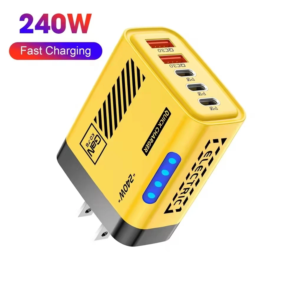 240W Superschnelles Ladegerät 5-in-1 LED-Licht 5-Port GaN Telefonladegerät Adapter 10A Kabel für iPhone Xiaomi EU/US-Stecker Ladegerät